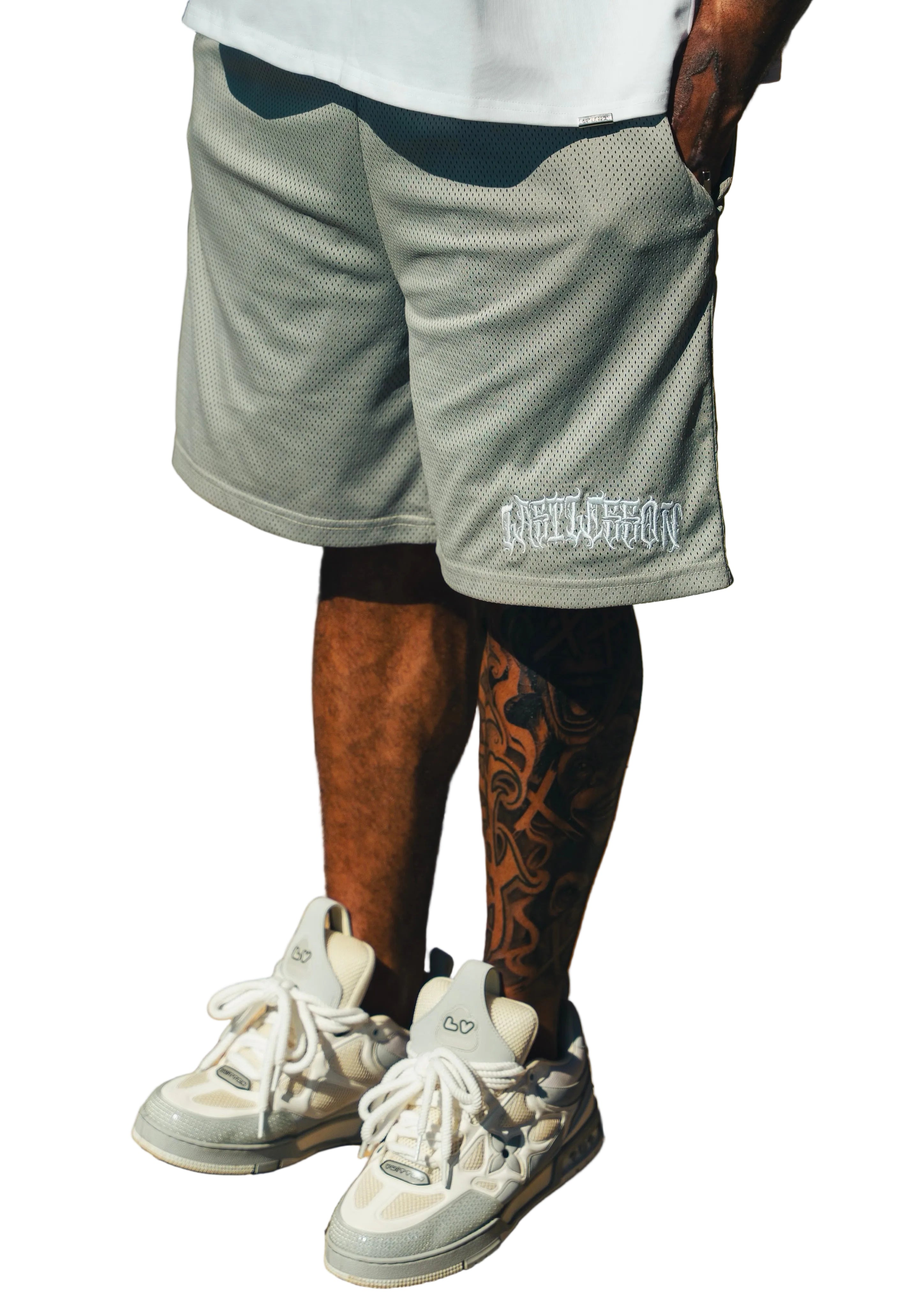 Front View of Last Lesson Script Mesh Grey Shorts